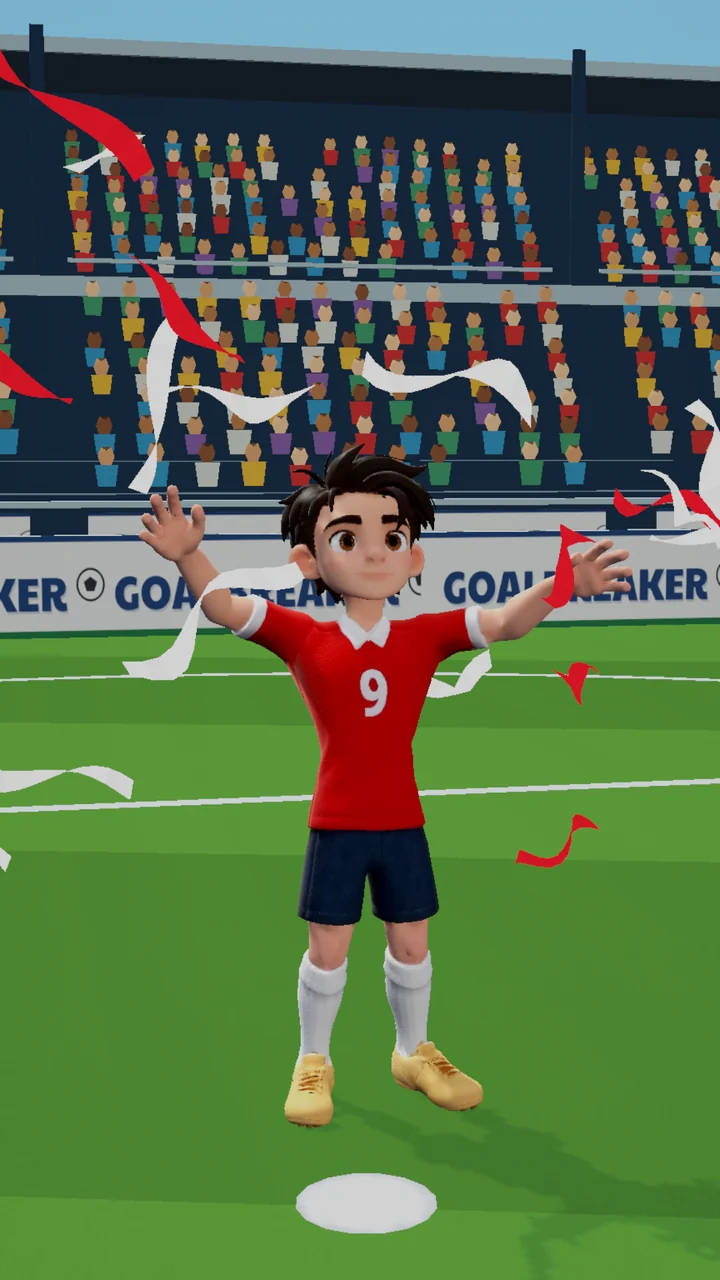 The Goalbreaker striker celebrates a goal as red and white confetti falls across the pitch