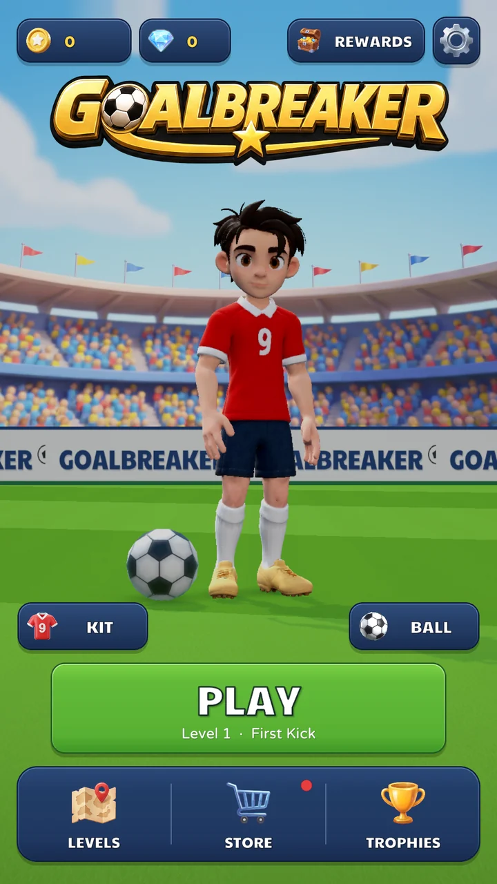 Goalbreaker home screen with a footballer, customisation options and the Play button